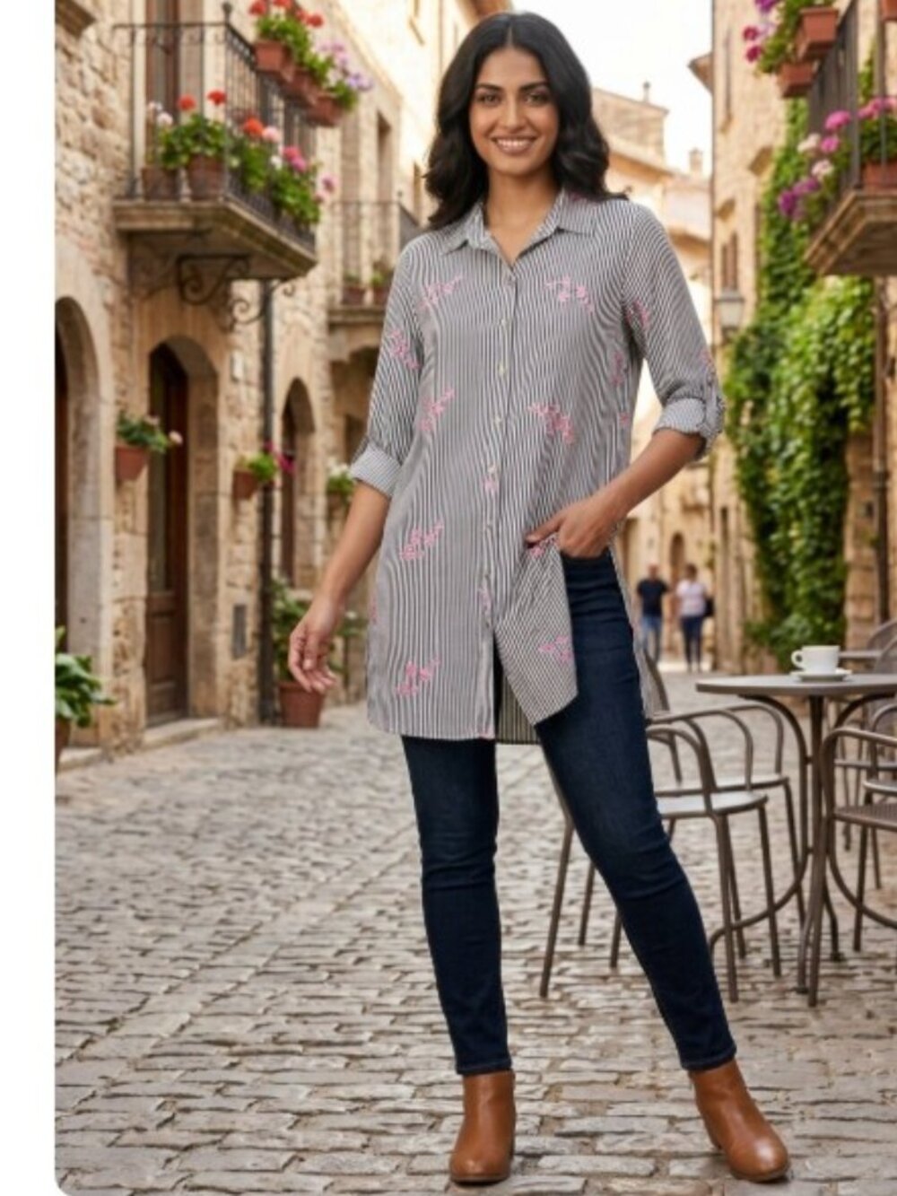 Solitaire by Ravi Khosla Striped Floral Roll-Tab Sleeve Tunic